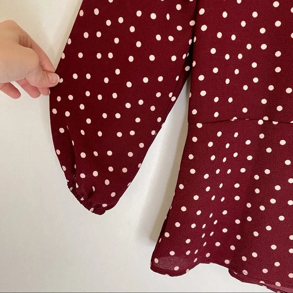 Bobeau Side Button Wrap Blouse Burgundy/Ivory Dot - Picture 8 of 14